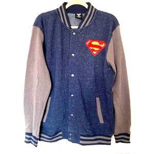 DC Comics Superman Cotton Blend Varsity Jacket Snap Button Logo Hero Style Sz L